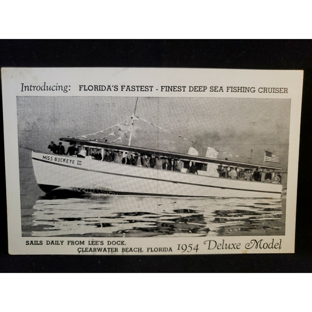 1954 Clearwater Florida Miss Buckeye III Fishing Boat Postcard Lee's Dock